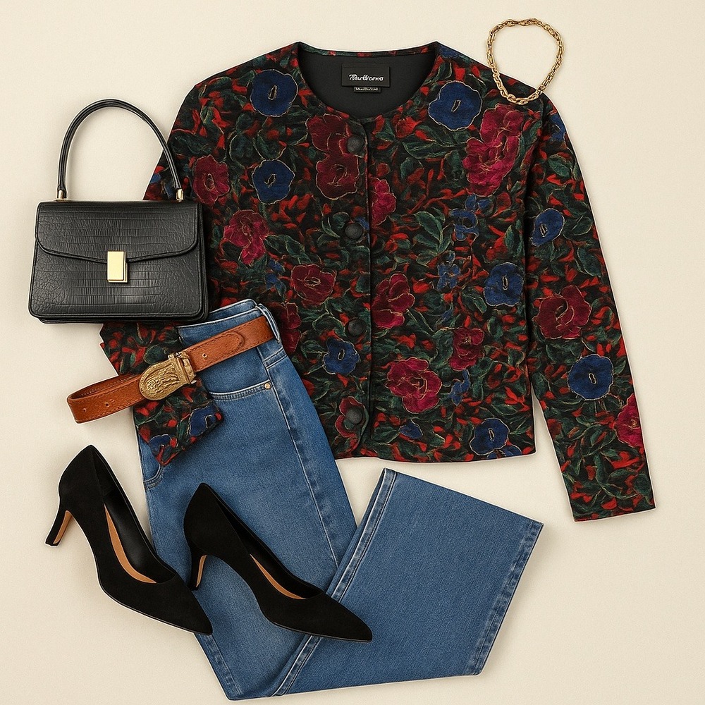 Vintage Ms. Choice Floral Jacquard Blouse L Made‎ in USA Holiday Party Top